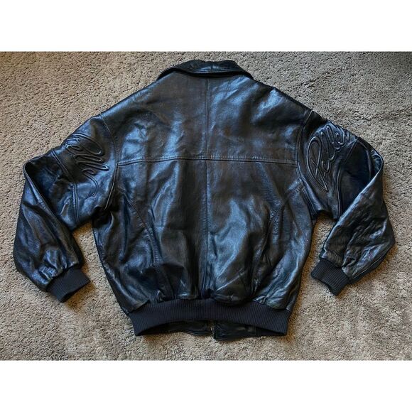 Pelle Pelle Marc Buchanan 90s Y2K Black Lthr Signature Emboss Coat Jacket sz 48 - Picture 2 of 16